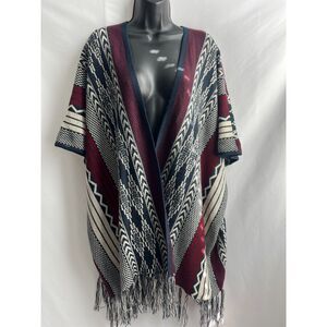 La Vie 89 Poncho Cardigan Sweater S/M Ethnic Aztec Fringe Multicolor Festival